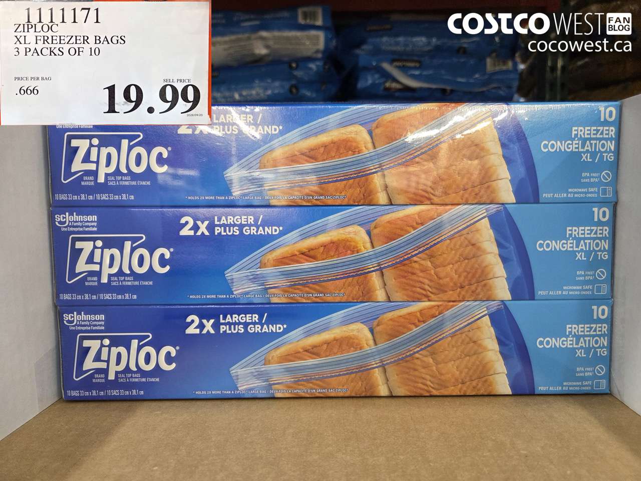 1111171 ZIPLOC XL FREEZER BAGS 3 PACKS OF 10 $19.99