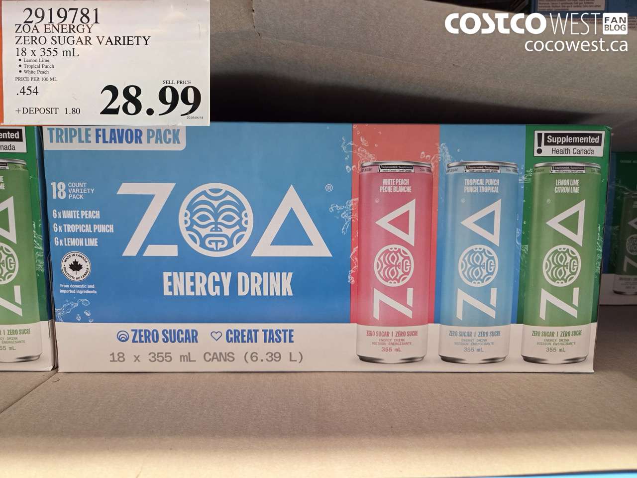 2919781 ZOA ENERGY ZERO SUGAR VARIETY 18 X 355 ML $28.99