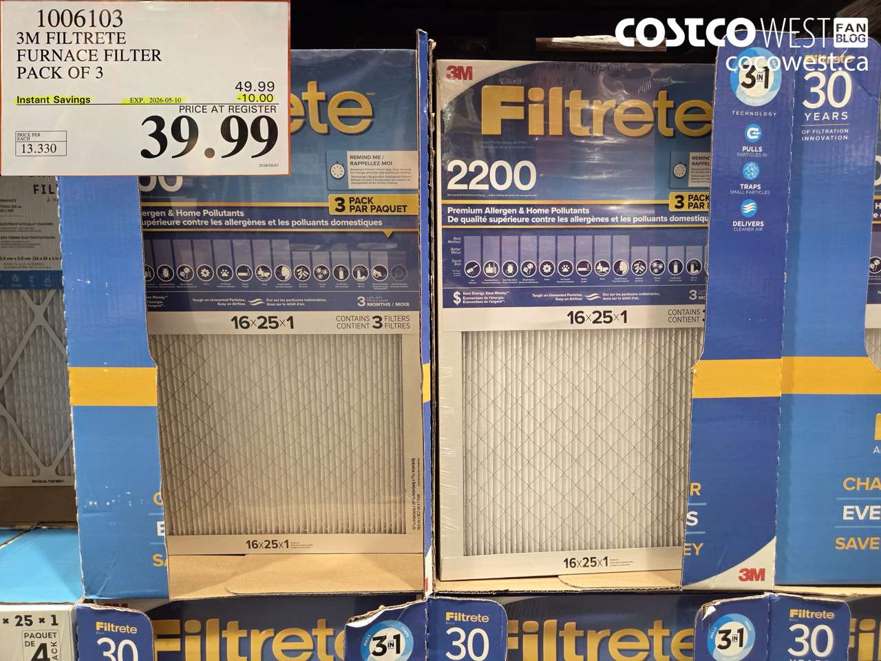 1006103 3M FILTRETE FURNACE FILTER PACK OF 3 ($10.00 INSTANT SAVINGS EXPIRES ON 2026-05-10) $39.99