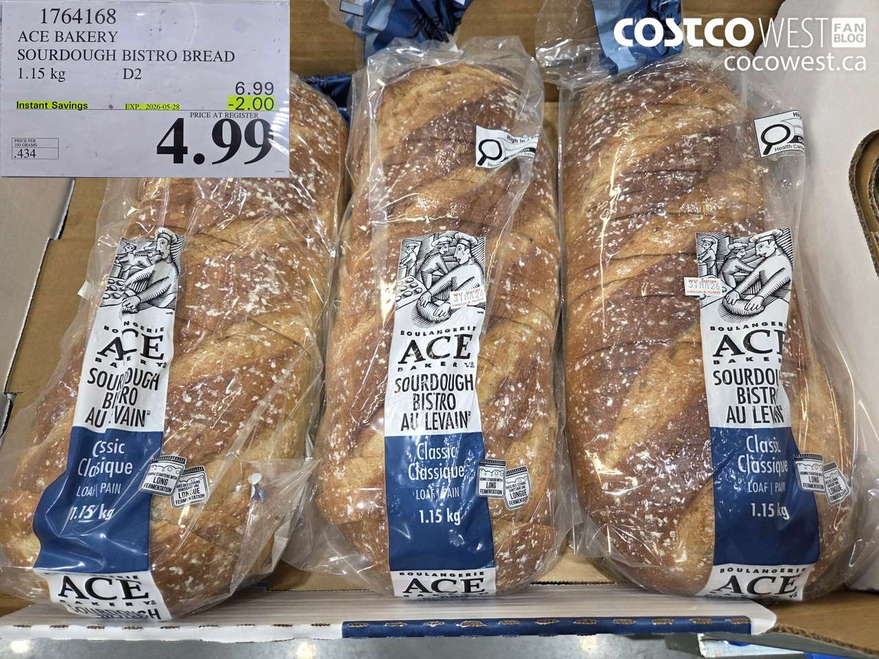 1764168 ACE BAKERY SOURDOUGH BISTRO BREAD 1.15 KG ($2.00 INSTANT SAVINGS EXPIRES ON 2026-05-28) $4.99