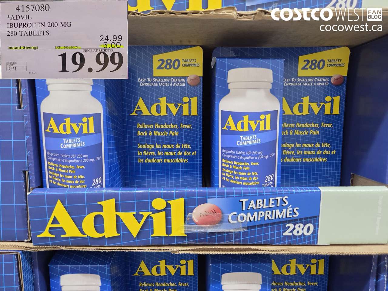 4157080 ADVIL IBUPROFEN 200 MG 280 TABLETS ($5.00 INSTANT SAVINGS EXPIRES ON 2026-05-24) $19.99
