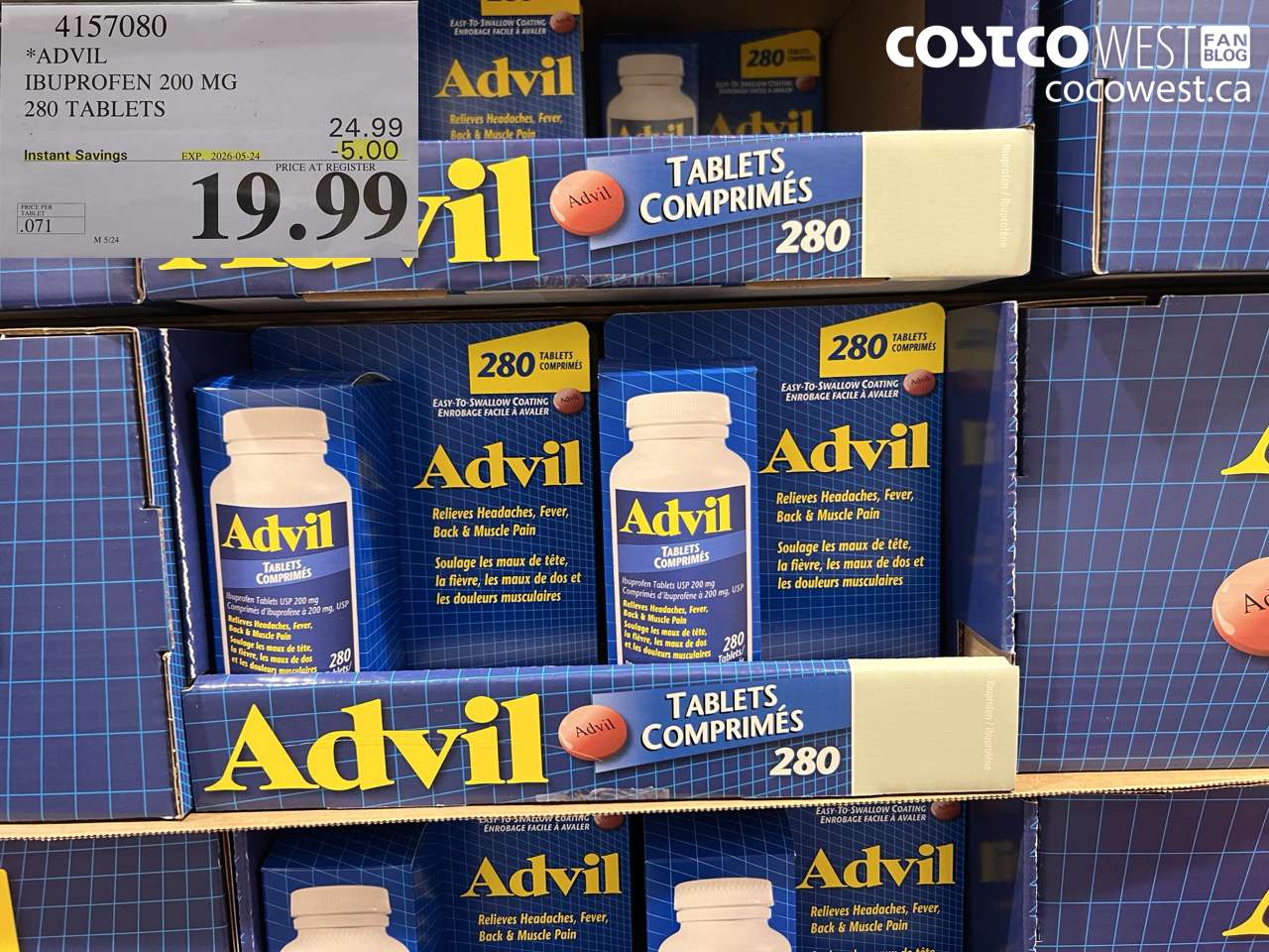 4157080 ADVIL IBUPROFEN 200 MG 280 TABLETS ($5.00 INSTANT SAVINGS EXPIRES ON 2026-05-24) $19.99
