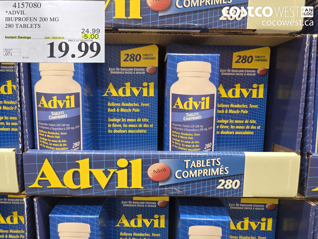 4157080 ADVIL IBUPROFEN 200 MG 280 TABLETS ($5.00 INSTANT SAVINGS EXPIRES ON 2026-05-24) $19.99