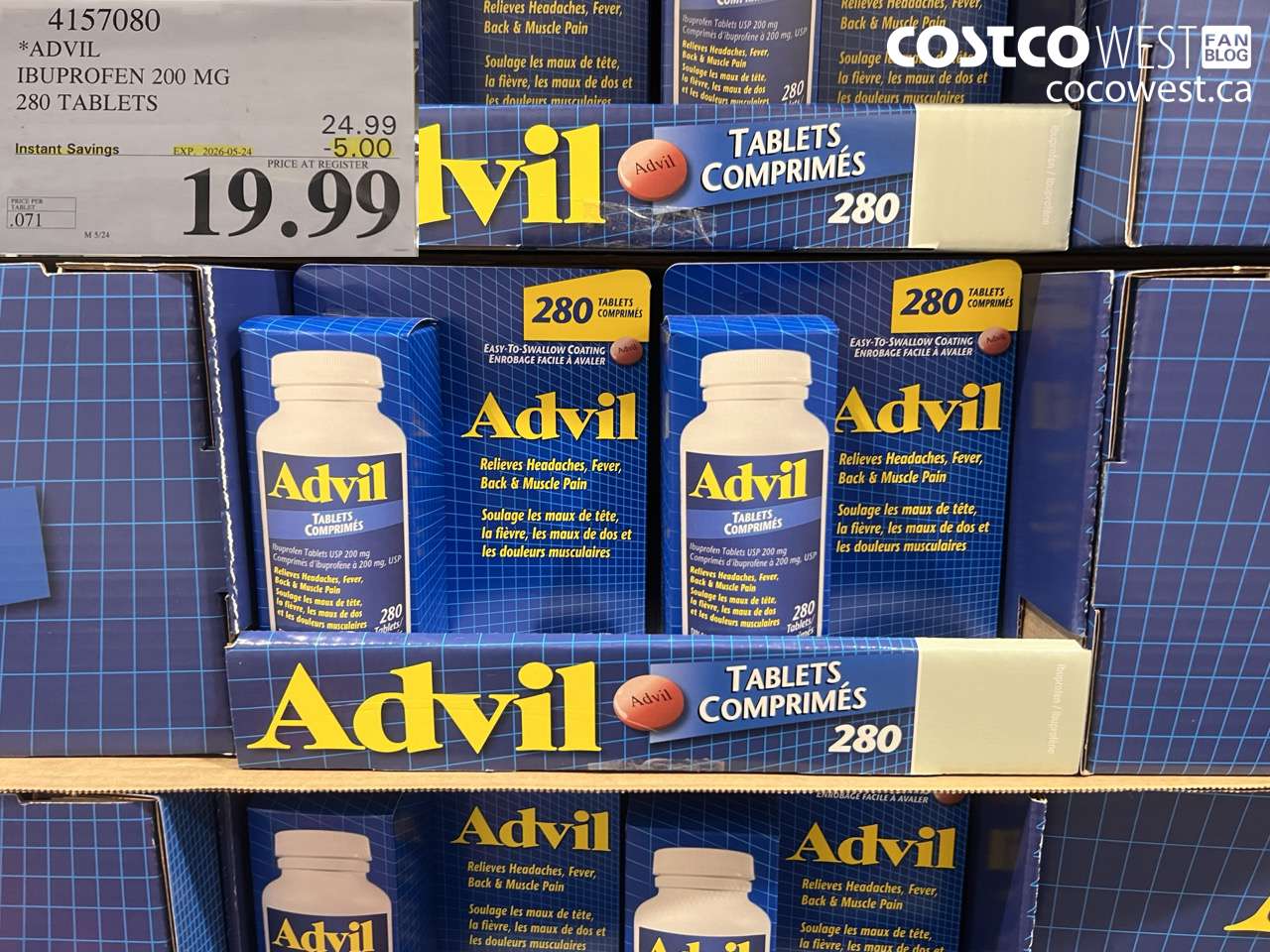 4157080 ADVIL IBUPROFEN 200 MG 280 TABLETS ($5.00 INSTANT SAVINGS EXPIRES ON 2026-05-24) $19.99