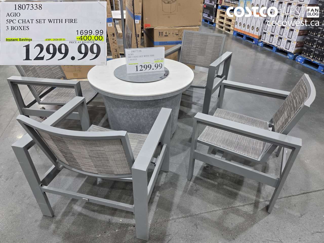 1807338 AGIO 5PC CHAT SET WITH FIRE 3 BOXES ($400.00 INSTANT SAVINGS EXPIRES ON 2026-05-11) $1299.99
