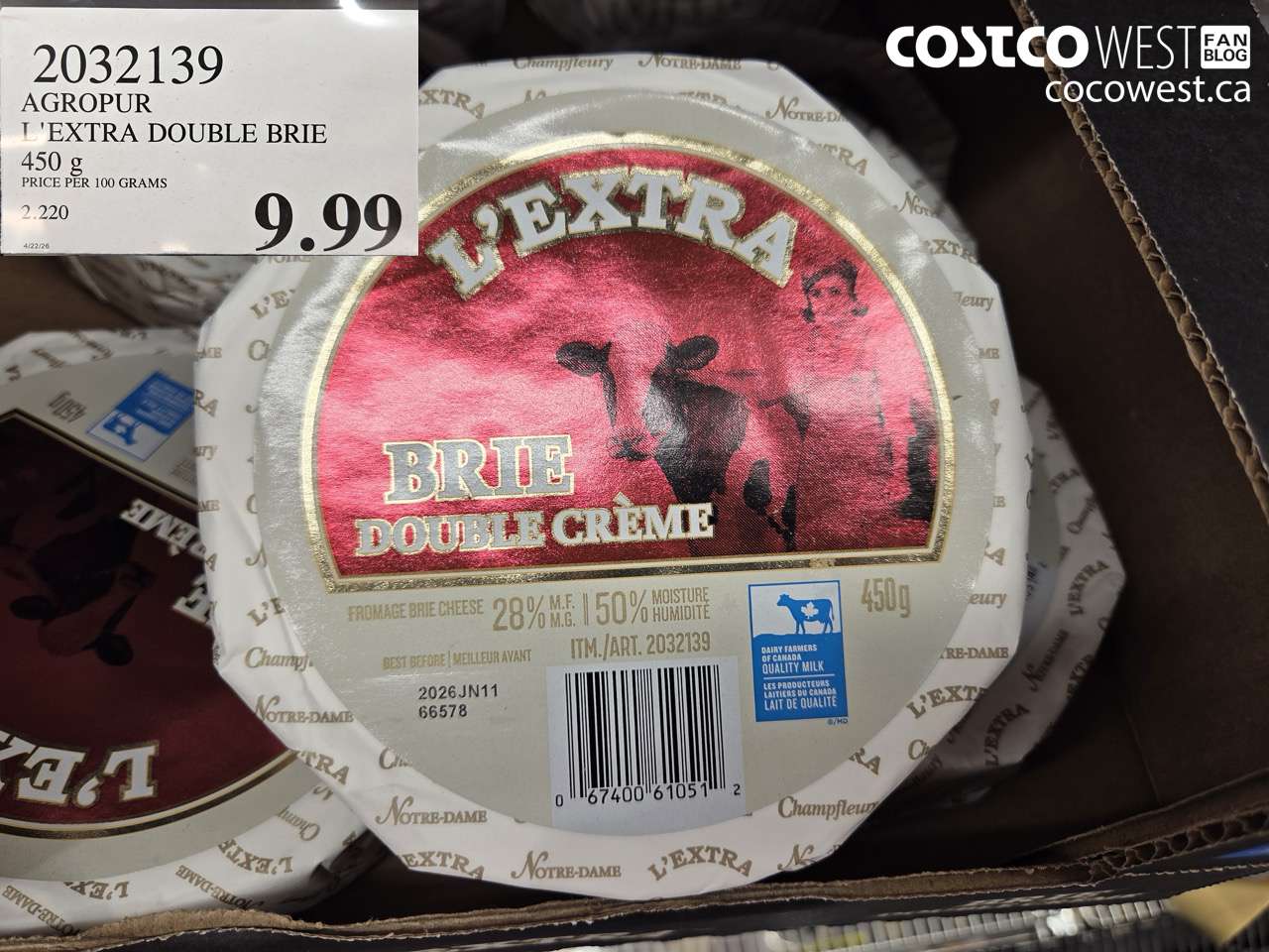 2032139 AGROPUR L'EXTRA DOUBLE BRIE 450 G $9.99