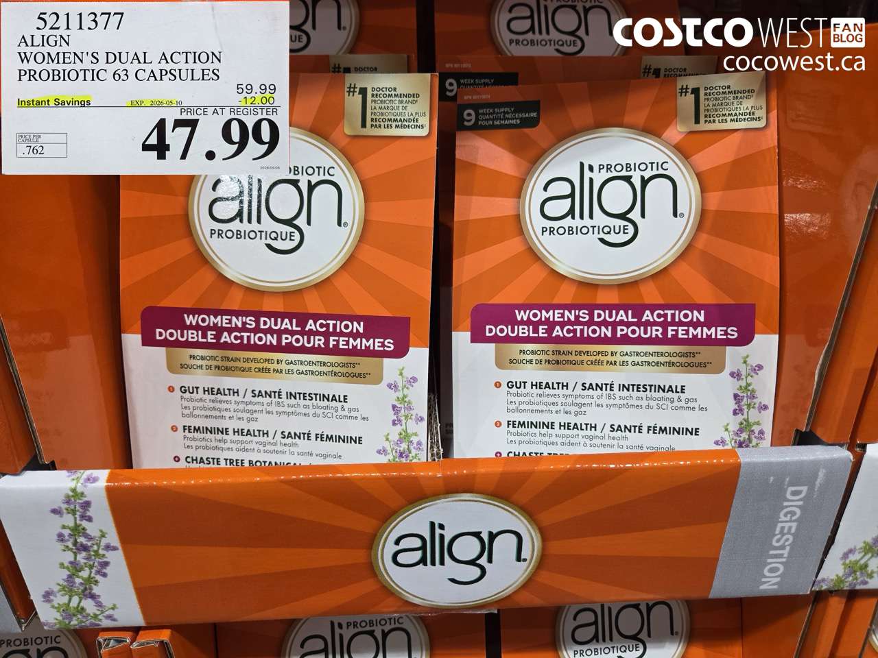 5211377 ALIGN WOMEN'S DUAL ACTION PROBIOTIC 63 CAPSULES ($12.00 INSTANT SAVINGS EXPIRES ON 2026-05-10) $47.99