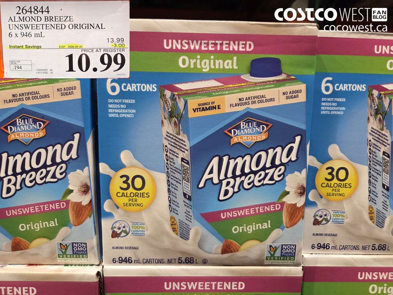 264844 ALMOND BREEZE UNSWEETENED ORIGINAL 6 X 946 ML ($3.00 INSTANT SAVINGS EXPIRES ON 2026-05-10) $10.99