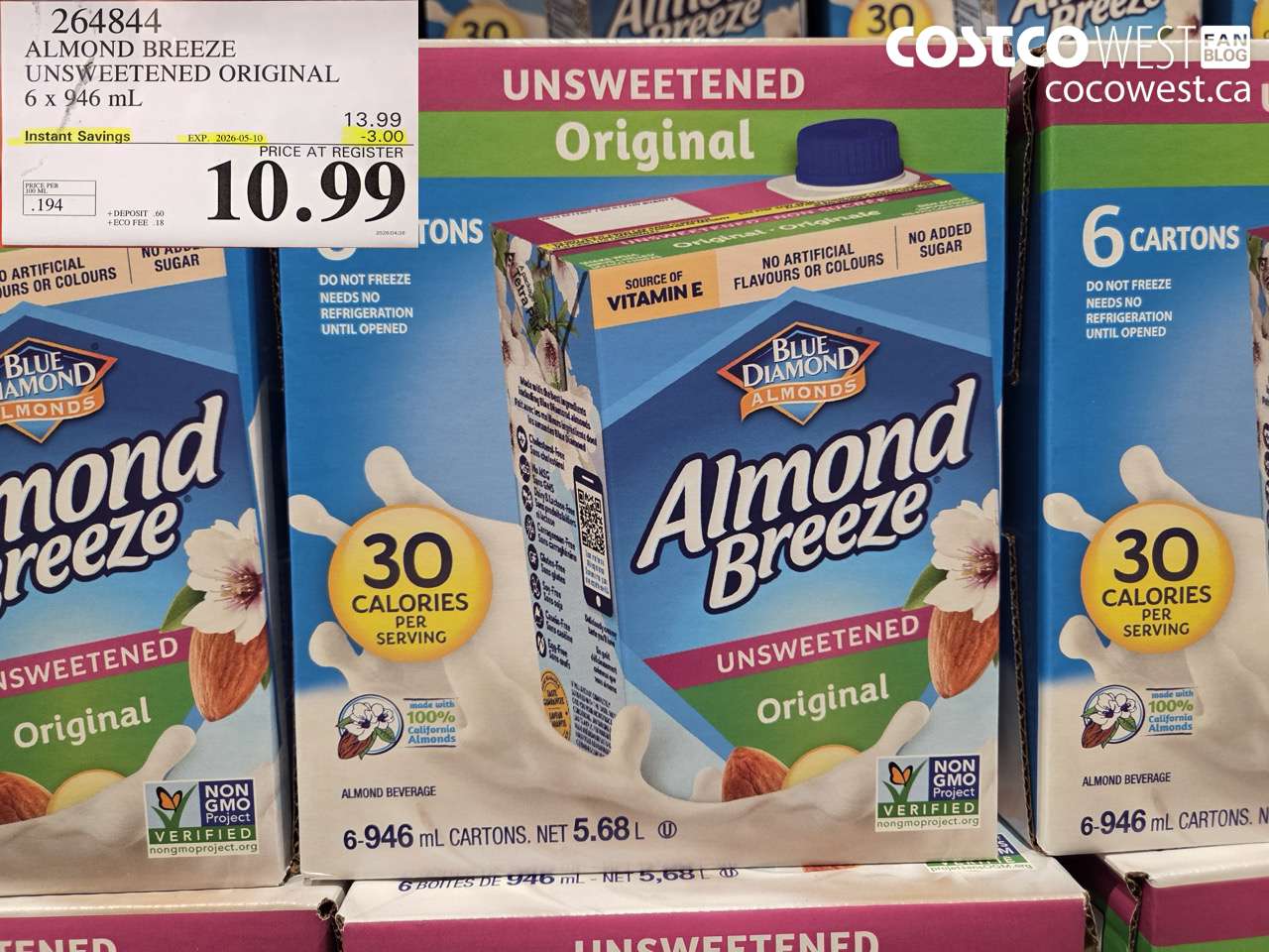264844 ALMOND BREEZE UNSWEETENED ORIGINAL 6 X 946 ML ($3.00 INSTANT SAVINGS EXPIRES ON 2026-05-10) $10.99