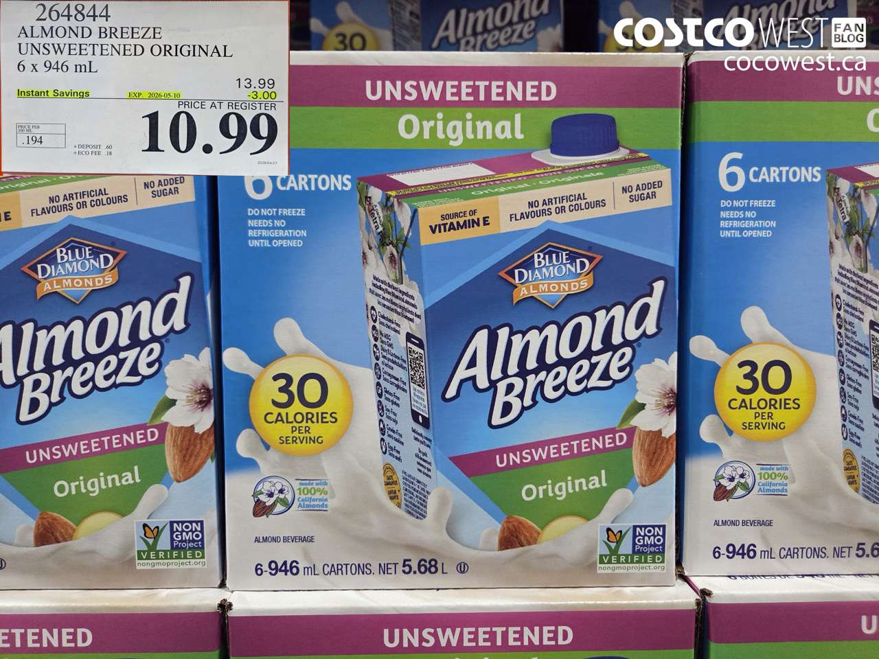 264844 ALMOND BREEZE UNSWEETENED ORIGINAL 6 X 946 ML ($3.00 INSTANT SAVINGS EXPIRES ON 2026-05-10) $10.99