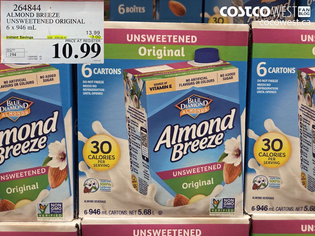 264844 ALMOND BREEZE UNSWEETENED ORIGINAL 6 X 946 ML ($3.00 INSTANT SAVINGS EXPIRES ON 2026-05-10) $10.99