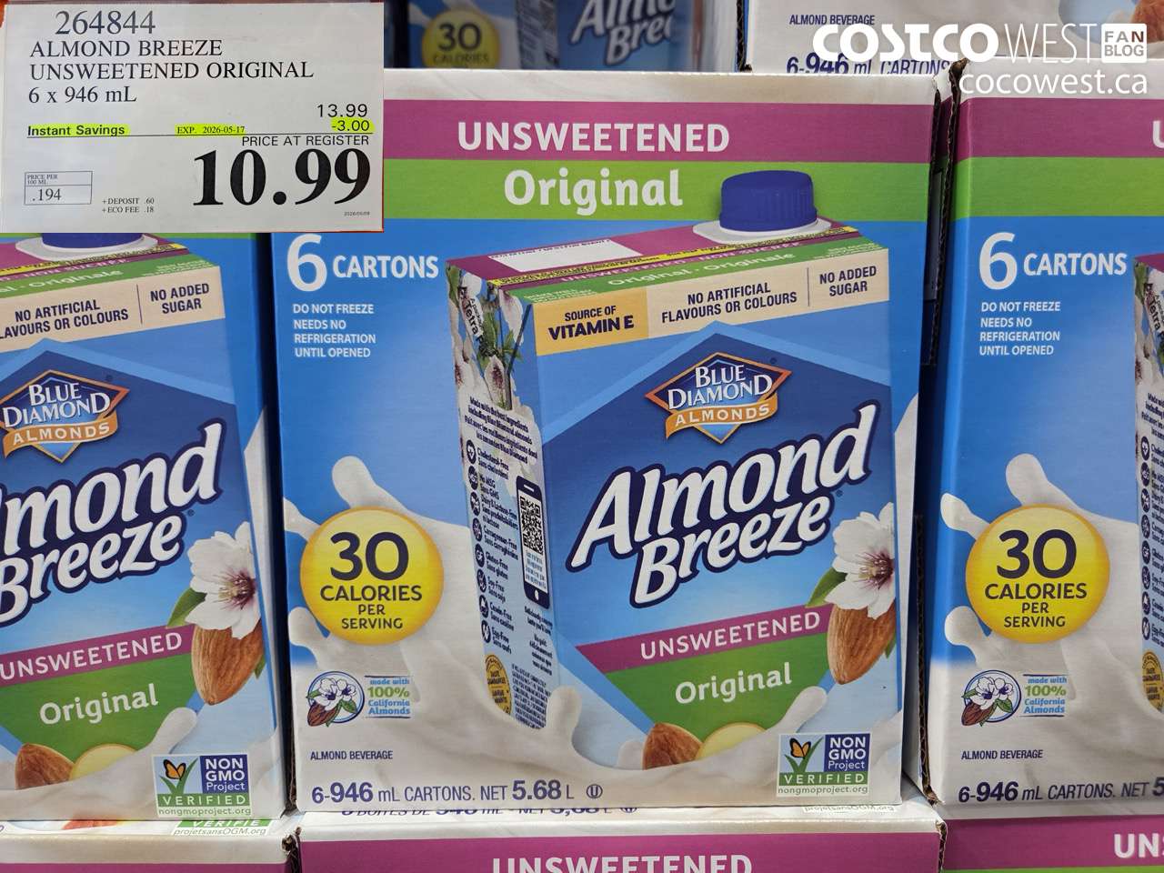 264844 ALMOND BREEZE UNSWEETENED ORIGINAL 6 X 946 ML ($3.00 INSTANT SAVINGS EXPIRES ON 2026-05-17) $10.99