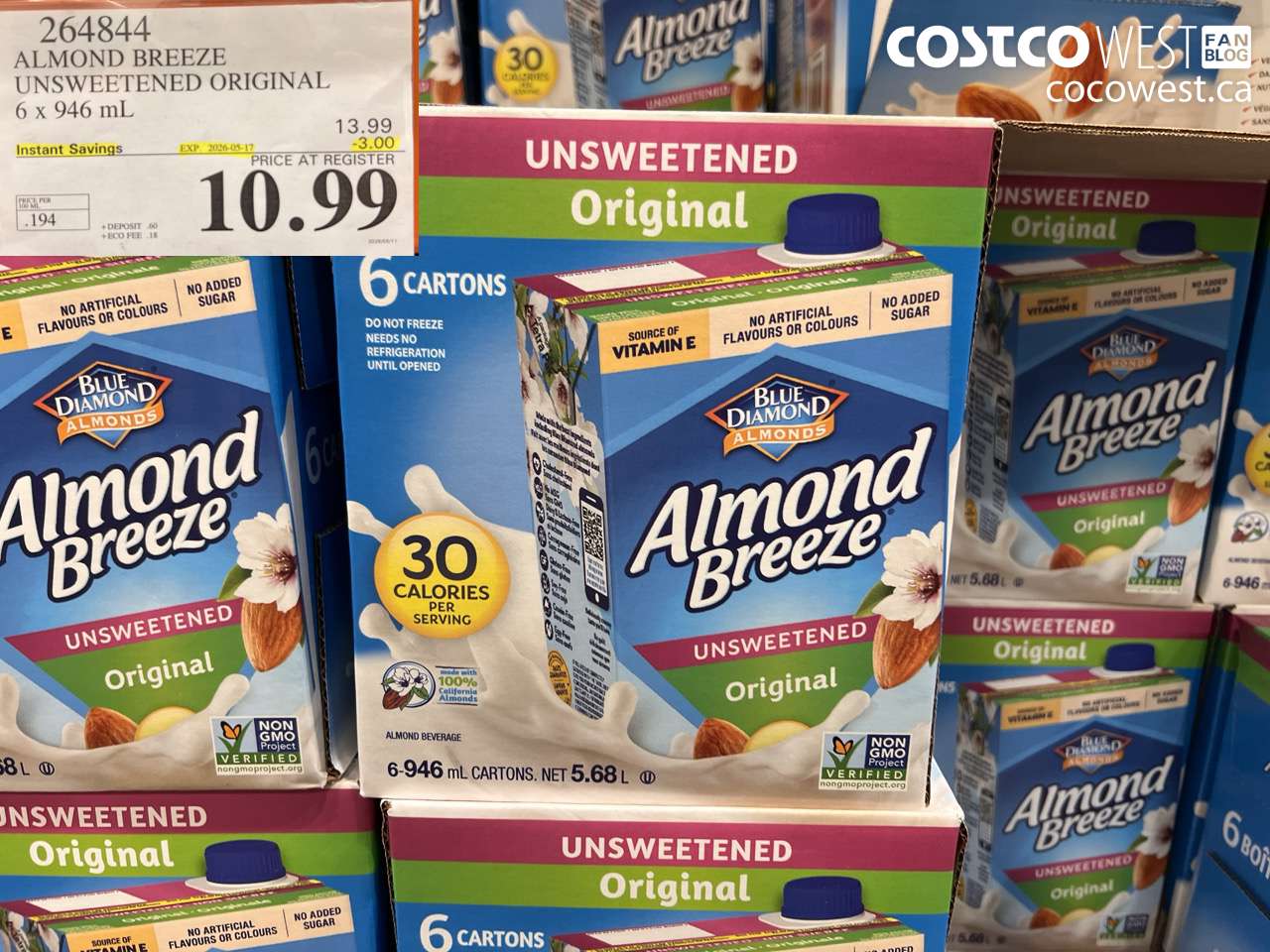 264844 ALMOND BREEZE UNSWEETENED ORIGINAL 6 X 946 ML ($3.00 INSTANT SAVINGS EXPIRES ON 2026-05-17) $10.99
