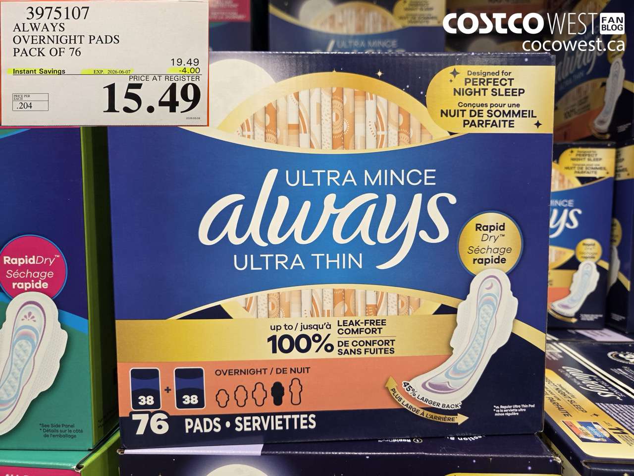 3975107 ALWAYS OVERNIGHT PADS PACK OF 76 ($4.00 INSTANT SAVINGS EXPIRES ON 2026-06-07) $15.49