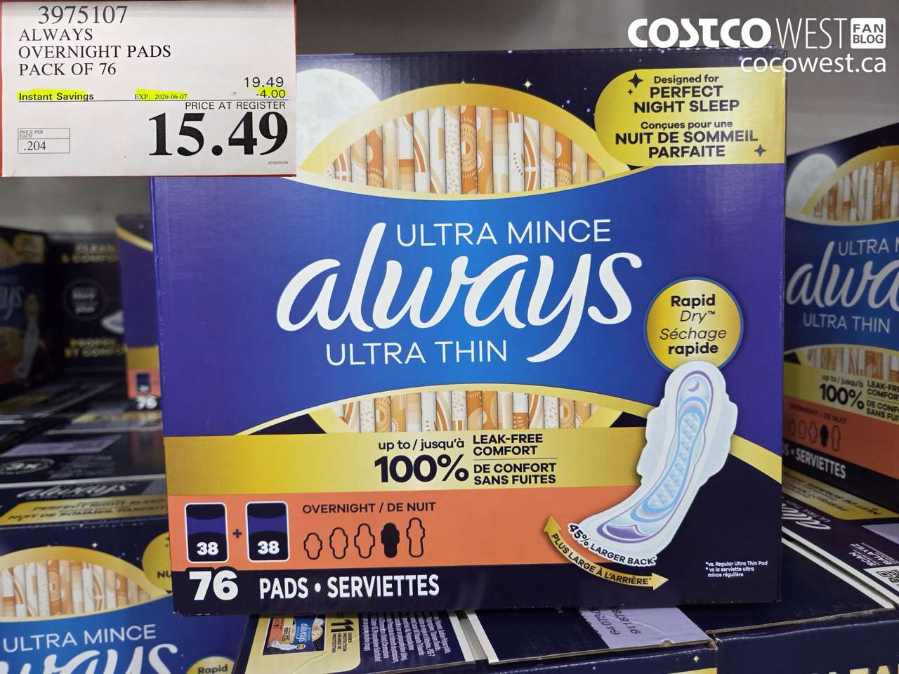 3975107 ALWAYS OVERNIGHT PADS PACK OF 76 ($4.00 INSTANT SAVINGS EXPIRES ON 2026-06-07) $15.49