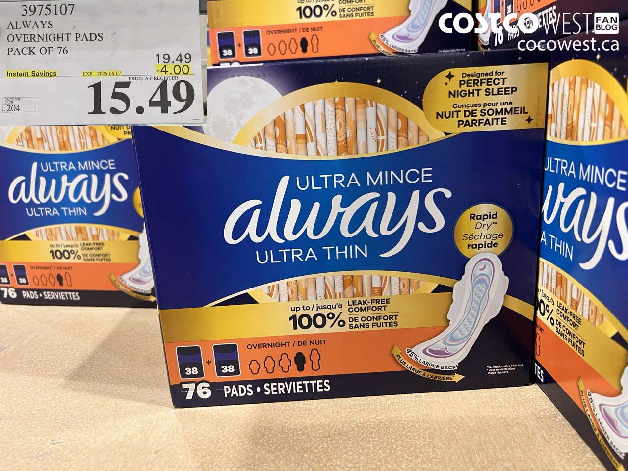 3975107 ALWAYS OVERNIGHT PADS PACK OF 76 ($4.00 INSTANT SAVINGS EXPIRES ON 2026-06-07) $15.49