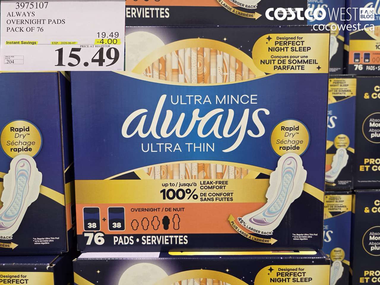 3975107 ALWAYS OVERNIGHT PADS PACK OF 76 ($4.00 INSTANT SAVINGS EXPIRES ON 2026-06-07) $15.49