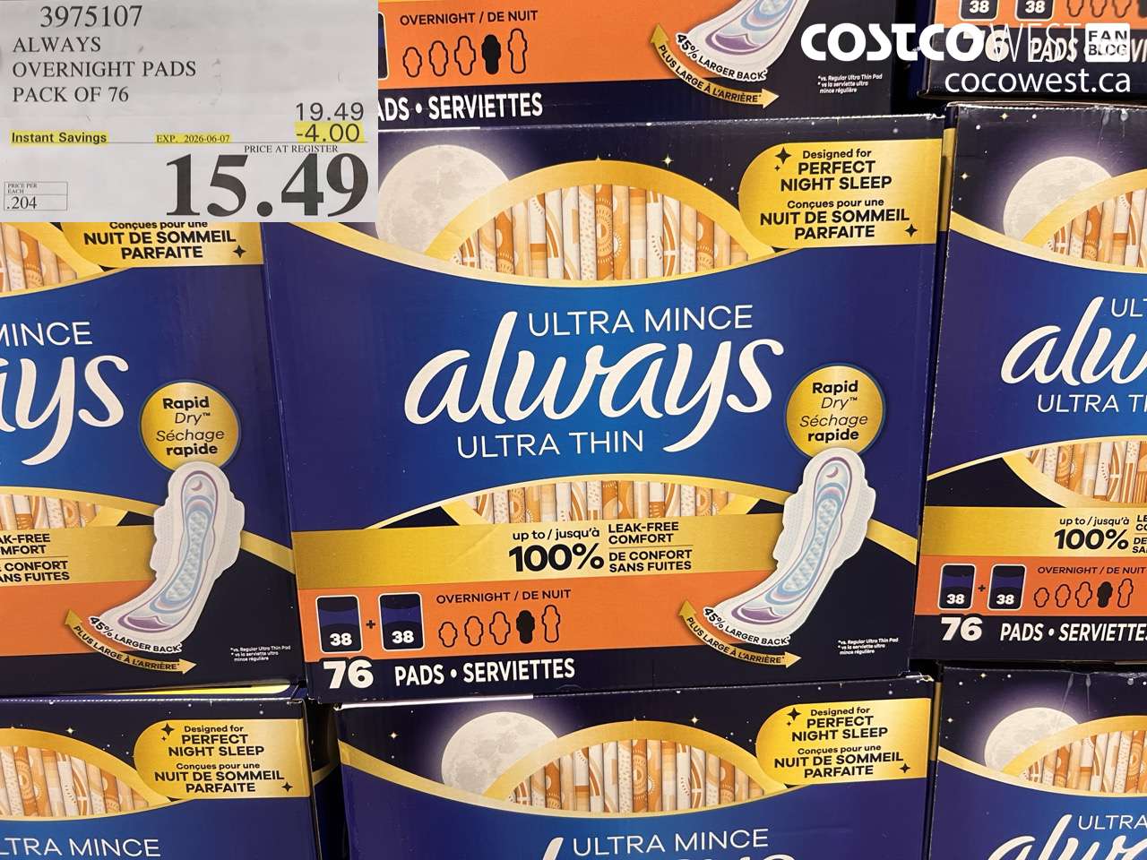 3975107 ALWAYS OVERNIGHT PADS PACK OF 76 ($4.00 INSTANT SAVINGS EXPIRES ON 2026-06-07) $15.49