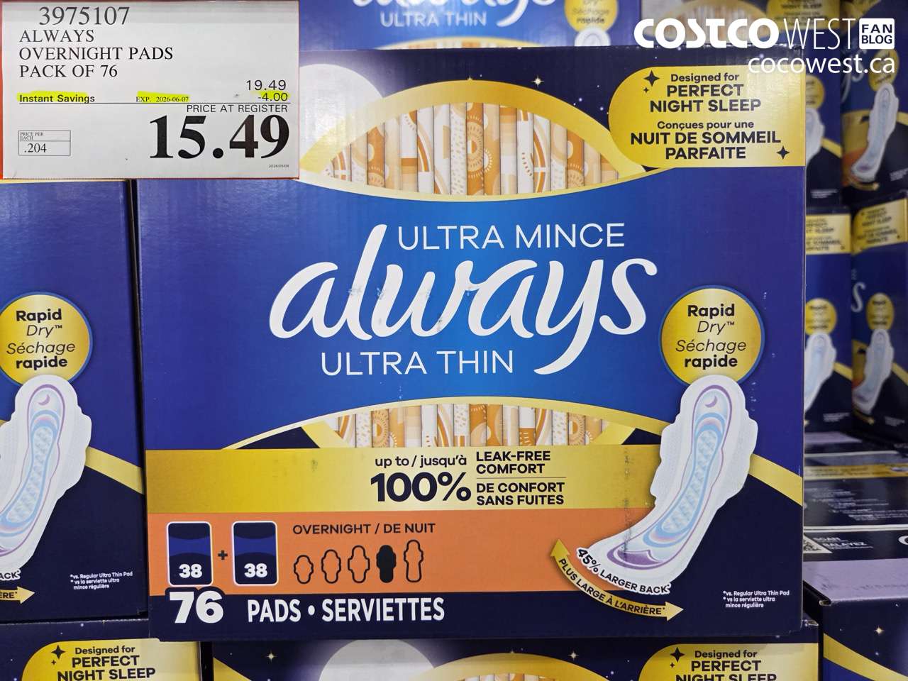 3975107 ALWAYS OVERNIGHT PADS PACK OF 76 ($4.00 INSTANT SAVINGS EXPIRES ON 2026-06-07) $15.49
