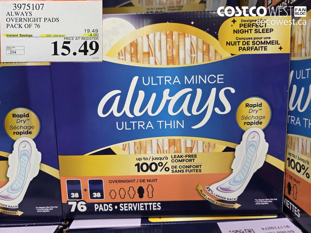 3975107 ALWAYS OVERNIGHT PADS PACK OF 76 ($4.00 INSTANT SAVINGS EXPIRES ON 2026-06-07) $15.49
