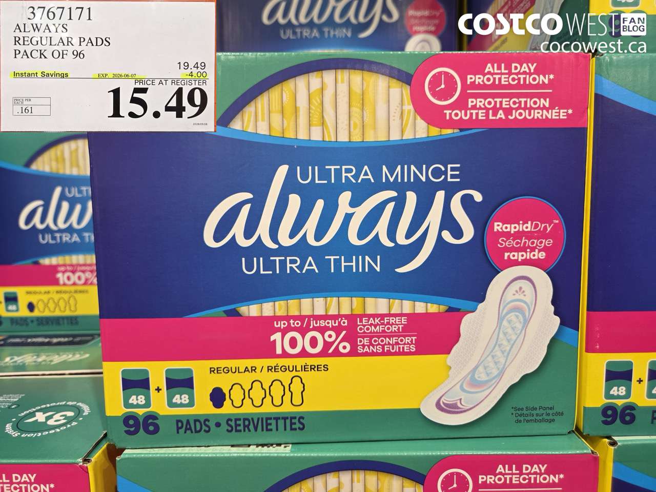 3767171 ALWAYS REGULAR PADS PACK OF 96 ($4.00 INSTANT SAVINGS EXPIRES ON 2026-06-07) $15.49