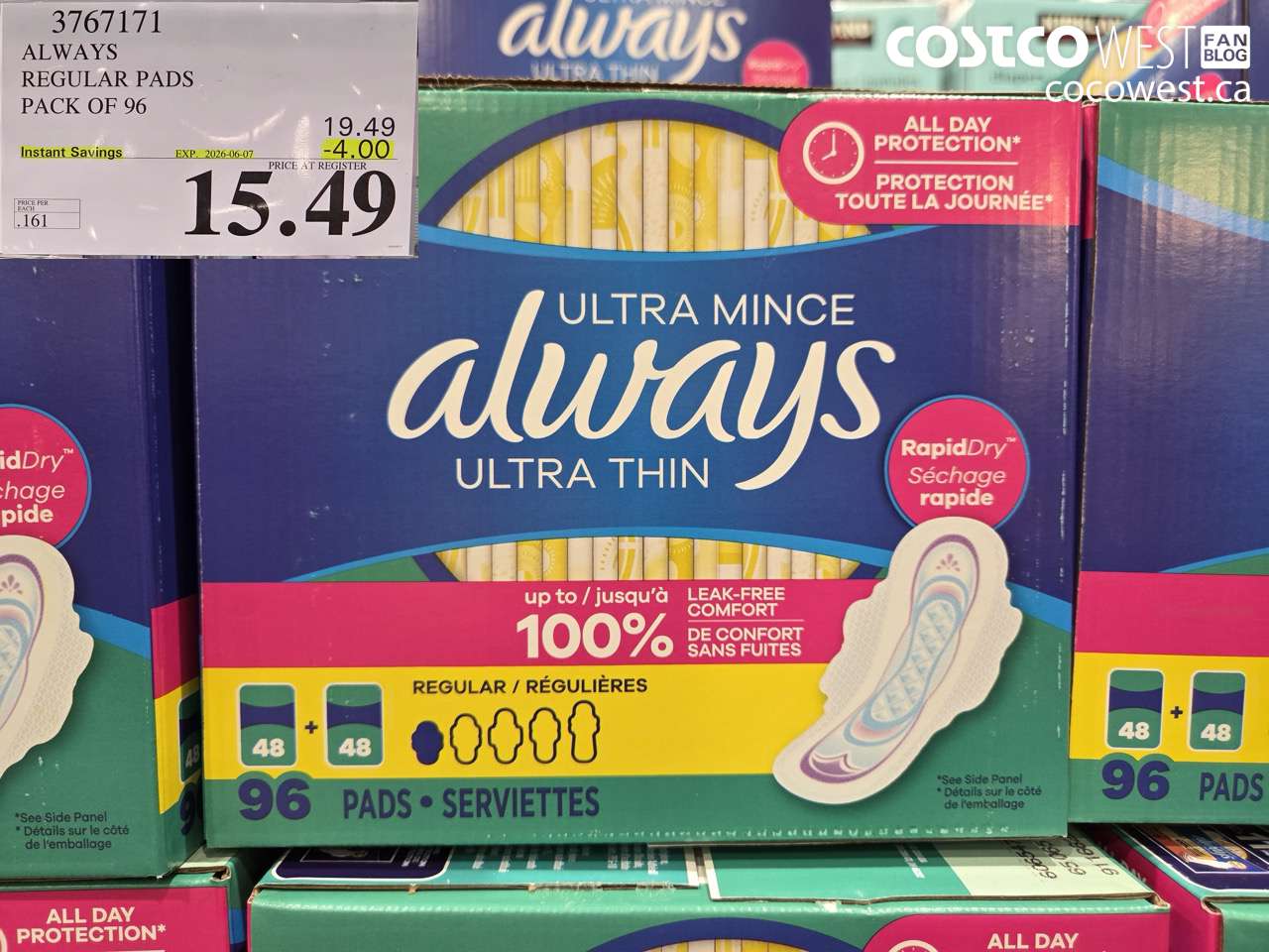 3767171 ALWAYS REGULAR PADS PACK OF 96 ($4.00 INSTANT SAVINGS EXPIRES ON 2026-06-07) $15.49