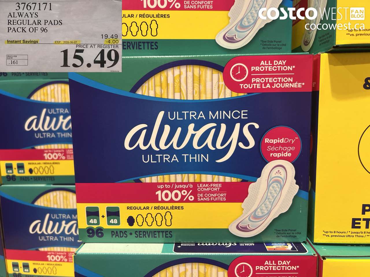 3767171 ALWAYS REGULAR PADS PACK OF 96 ($4.00 INSTANT SAVINGS EXPIRES ON 2026-06-07) $15.49