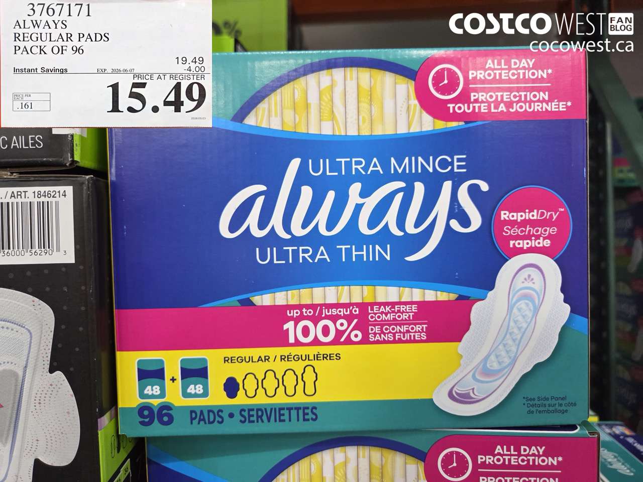 3767171 ALWAYS REGULAR PADS PACK OF 96 ($4.00 INSTANT SAVINGS EXPIRES ON 2026-06-07) $15.49