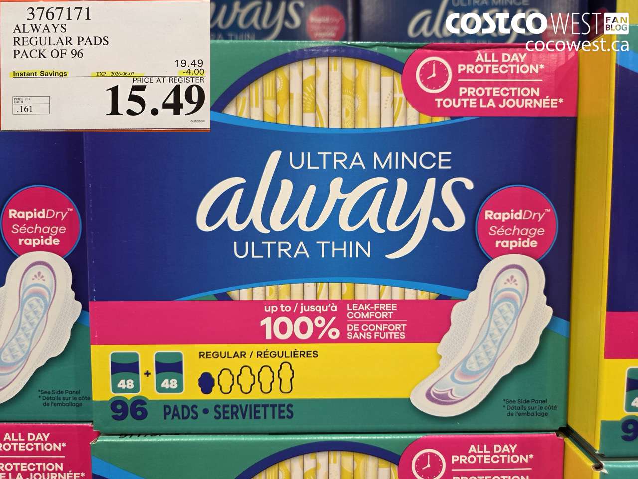 3767171 ALWAYS REGULAR PADS PACK OF 96 ($4.00 INSTANT SAVINGS EXPIRES ON 2026-06-07) $15.49