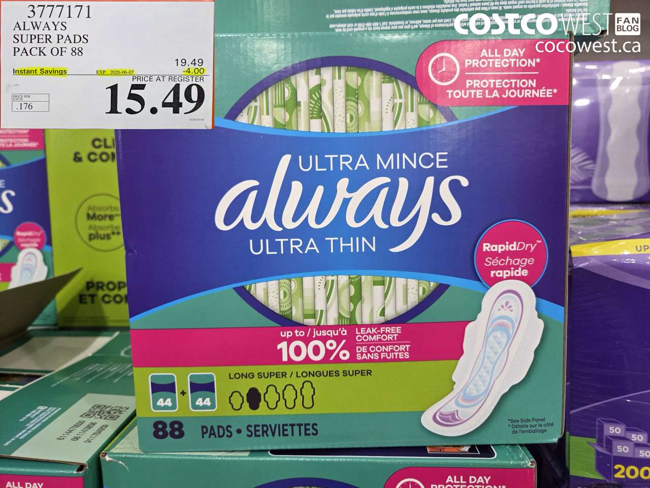 3777171 ALWAYS SUPER PADS PACK OF 88 ($4.00 INSTANT SAVINGS EXPIRES ON 2026-06-07) $15.49