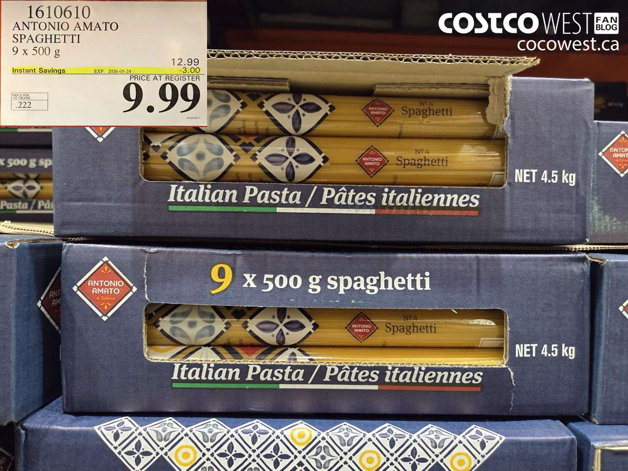 1610610 ANTONIO AMATO SPAGHETTI 9 X 500 G ($3.00 INSTANT SAVINGS EXPIRES ON 2026-05-24) $9.99