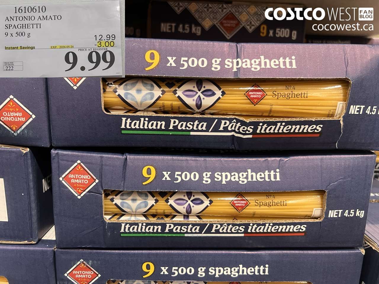 1610610 ANTONIO AMATO SPAGHETTI 9 X 500 G ($3.00 INSTANT SAVINGS EXPIRES ON 2026-05-24) $9.99