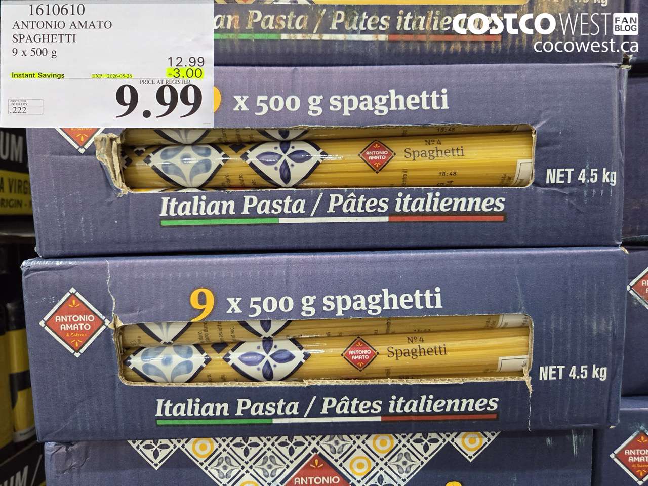 1610610 ANTONIO AMATO SPAGHETTI 9 X 500 G ($3.00 INSTANT SAVINGS EXPIRES ON 2026-05-26) $9.99
