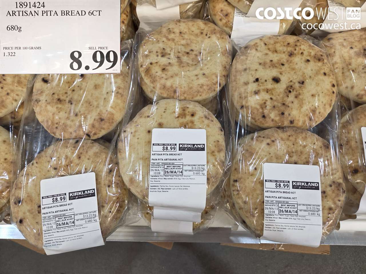 1891424 ARTISAN PITA BREAD 6CT 680G $8.99