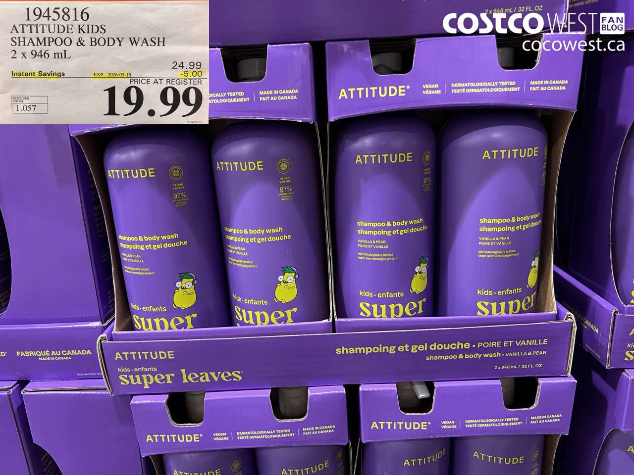 1945816 ATTITUDE KIDS SHAMPOO & BODY WASH 2 X 946 ML ($5.00 INSTANT SAVINGS EXPIRES ON 2026-05-18) $19.99