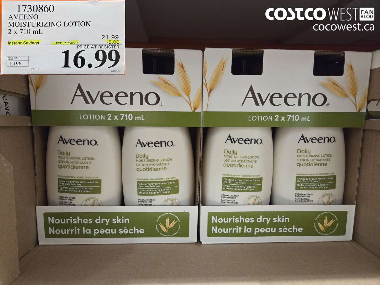 1730860 AVEENO MOISTURIZING LOTION 2 X 710 ML ($5.00 INSTANT SAVINGS EXPIRES ON 2026-05-10) $16.99