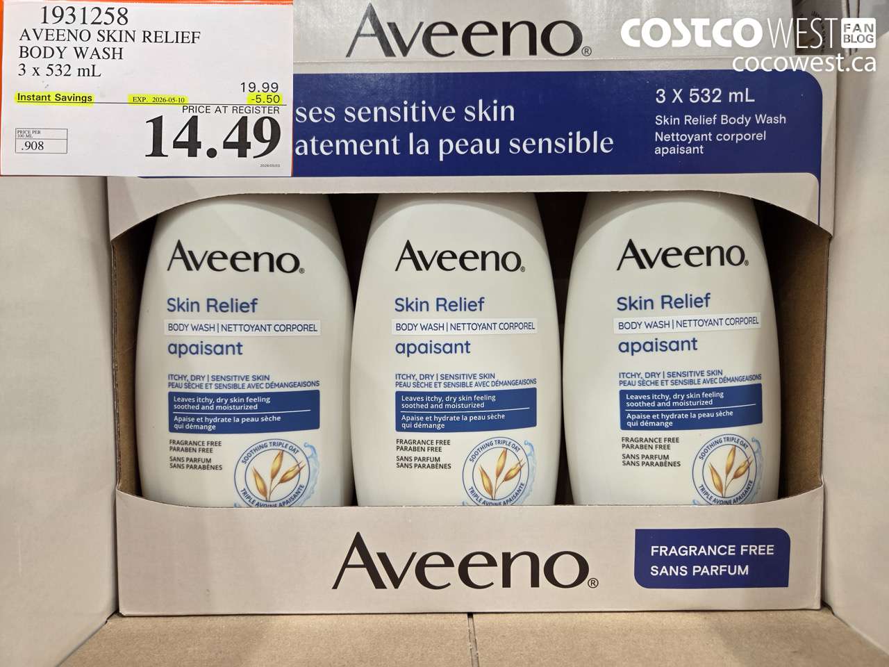 1931258 AVEENO SKIN RELIEF BODY WASH 3 X 532 ML ($5.50 INSTANT SAVINGS EXPIRES ON 2026-05-10) $14.49