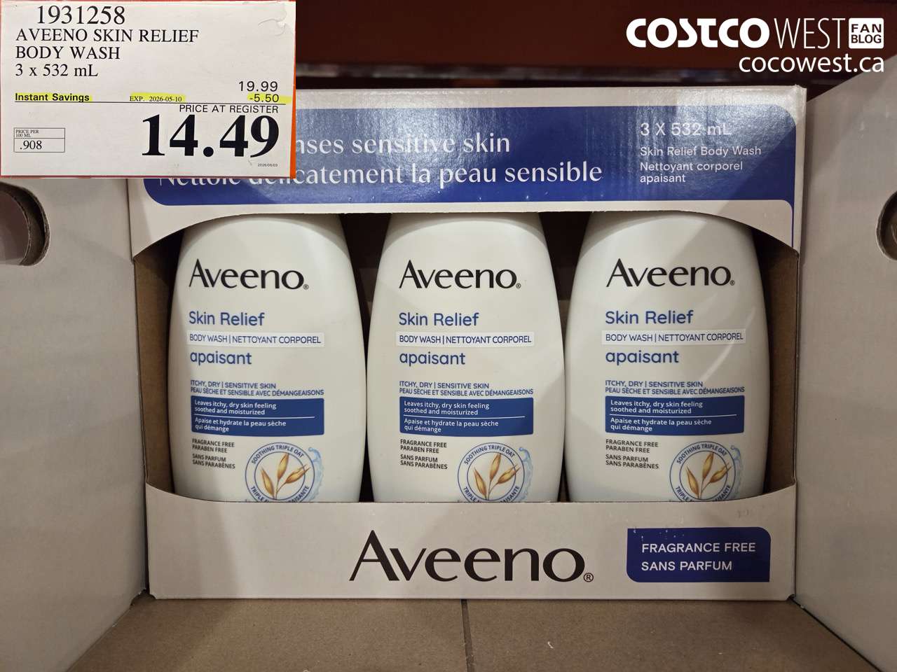 1931258 AVEENO SKIN RELIEF BODY WASH 3 X 532 ML ($5.50 INSTANT SAVINGS EXPIRES ON 2026-05-10) $14.49