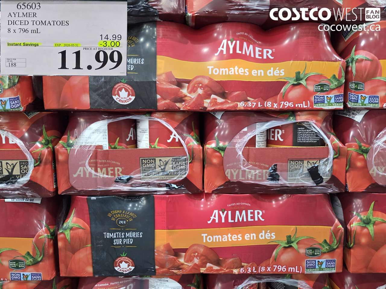 65603 AYLMER DICED TOMATOES 8 X 796 ML ($3.00 INSTANT SAVINGS EXPIRES ON 2026-05-31) $11.99