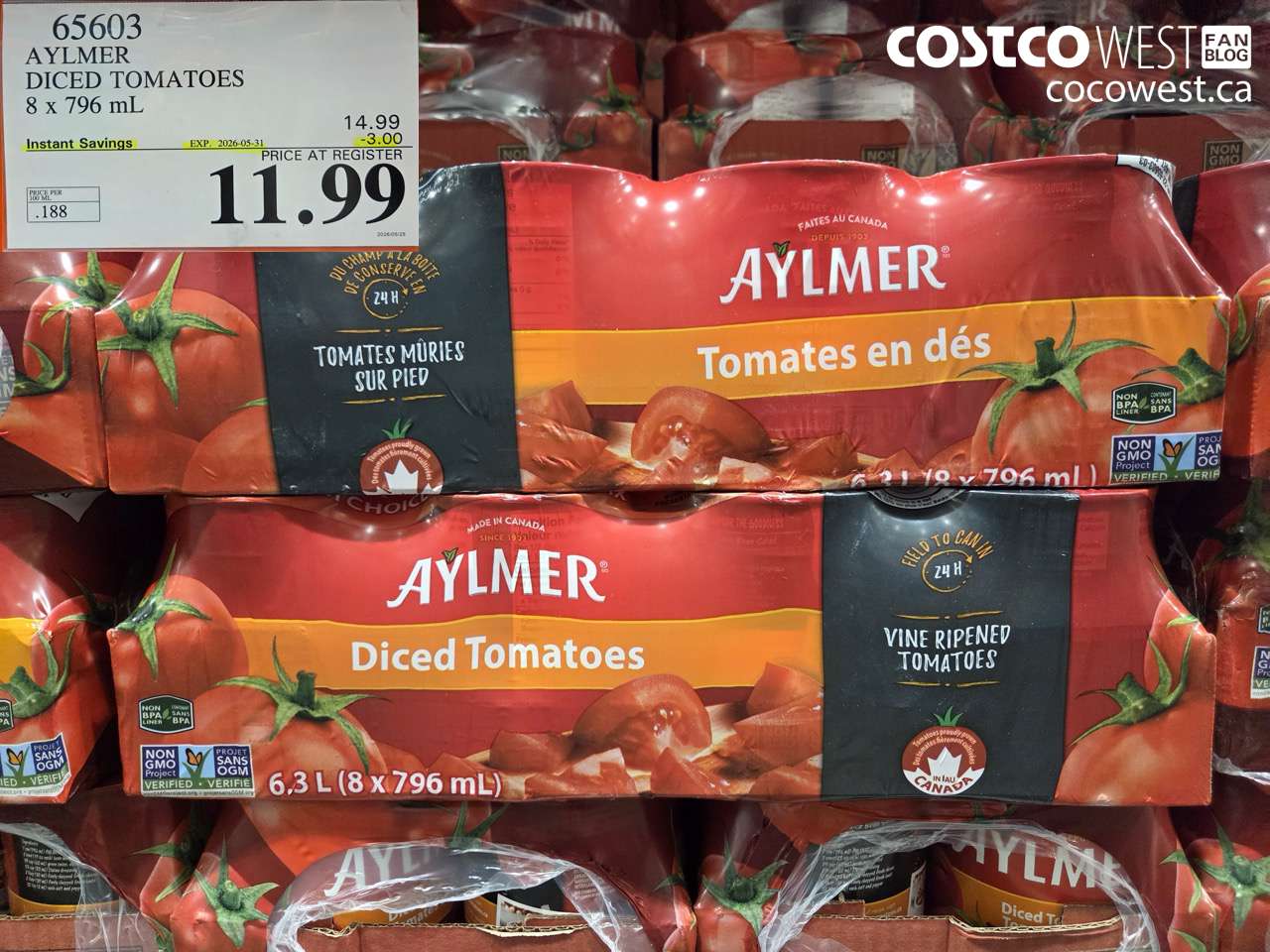 65603 AYLMER DICED TOMATOES 8 X 796 ML ($3.00 INSTANT SAVINGS EXPIRES ON 2026-05-31) $11.99