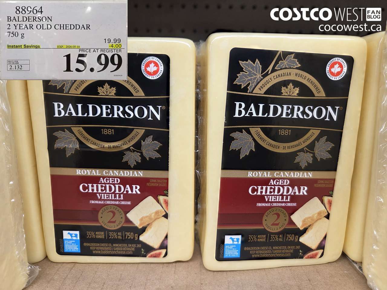 88964 BALDERSON 2 YEAR OLD CHEDDAR 750 G ($4.00 INSTANT SAVINGS EXPIRES ON 2026-05-10) $15.99