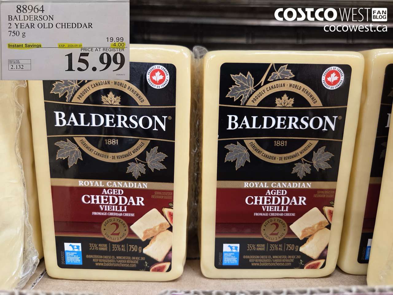 88964 BALDERSON 2 YEAR OLD CHEDDAR 750 G ($4.00 INSTANT SAVINGS EXPIRES ON 2026-05-10) $15.99