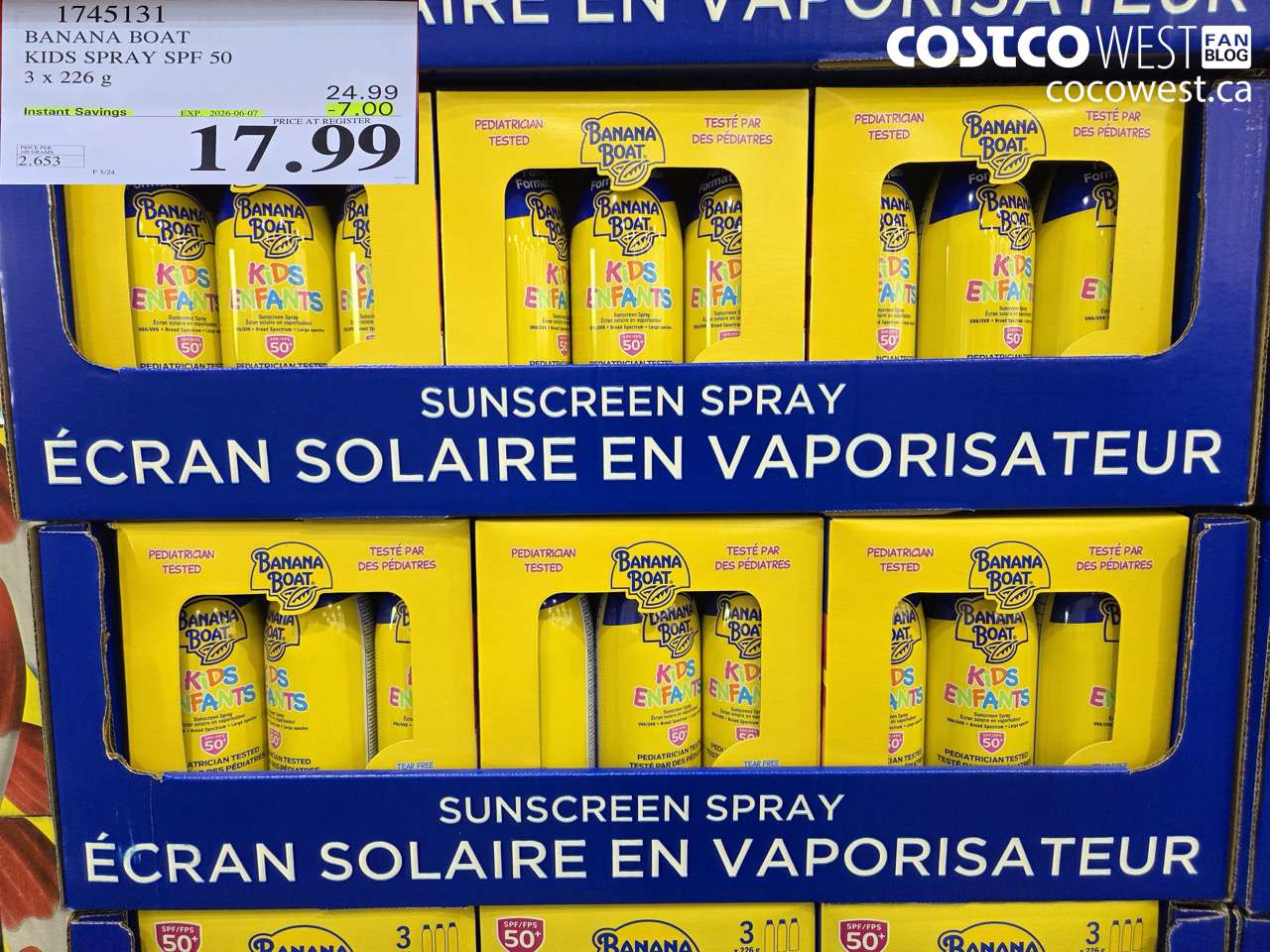 1745131 BANANA BOAT KIDS SPRAY SPF 50 3 X 226 G ($7.00 INSTANT SAVINGS EXPIRES ON 2026-06-07) $17.99