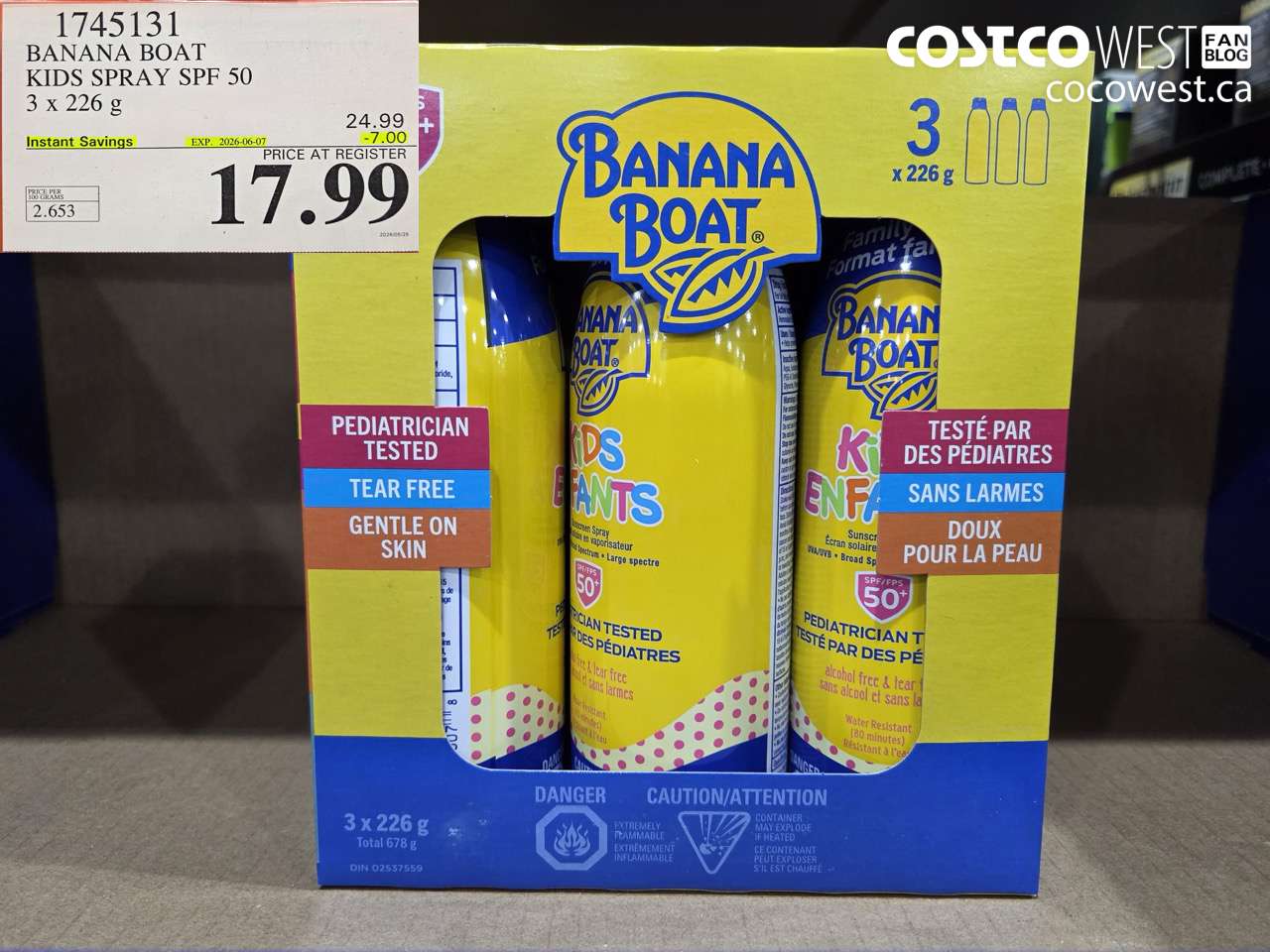 1745131 BANANA BOAT KIDS SPRAY SPF 50 3 X 226 G ($7.00 INSTANT SAVINGS EXPIRES ON 2026-06-07) $17.99