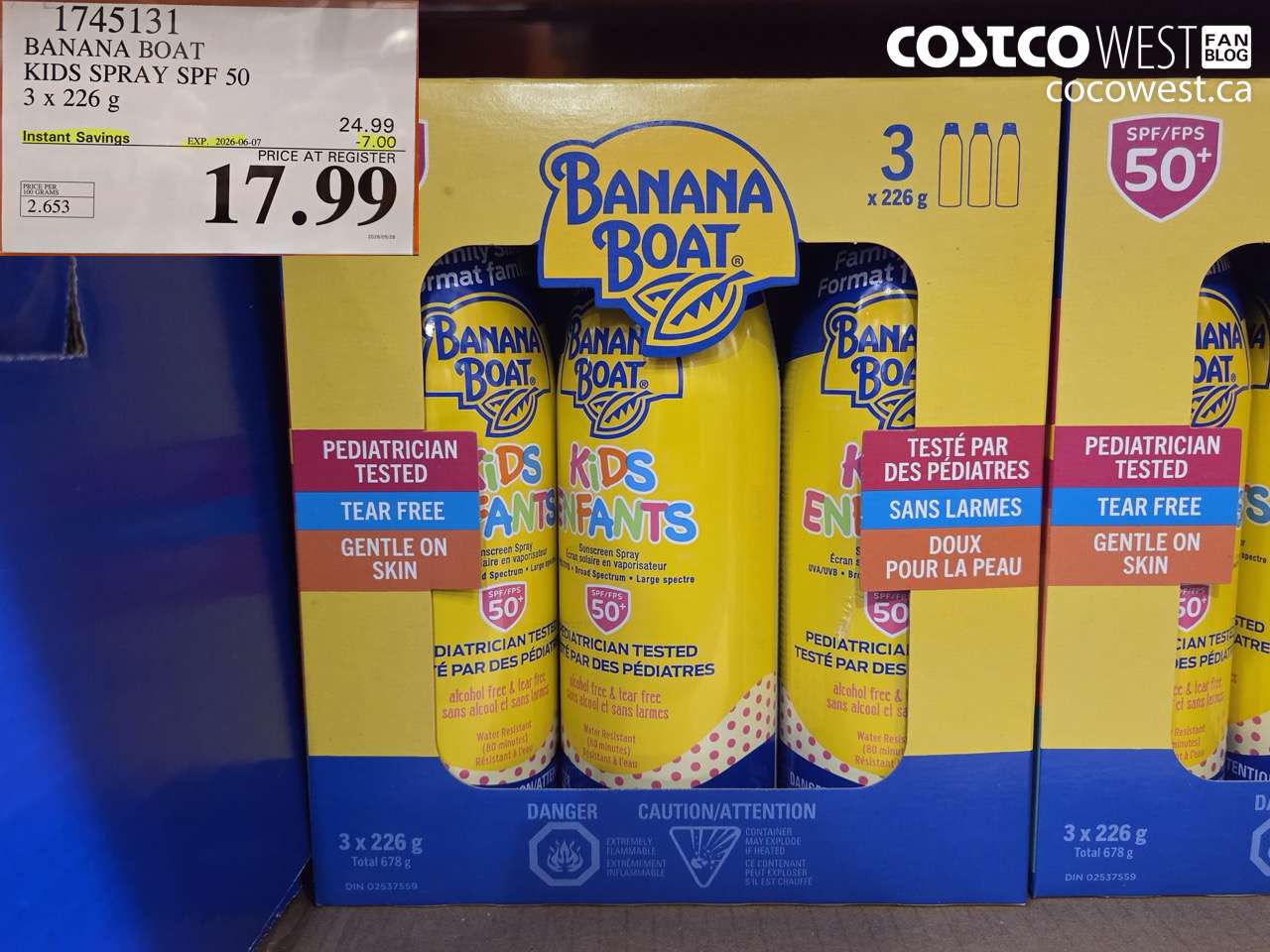1745131 BANANA BOAT KIDS SPRAY SPF 50 3 X 226 G ($7.00 INSTANT SAVINGS EXPIRES ON 2026-06-07) $17.99