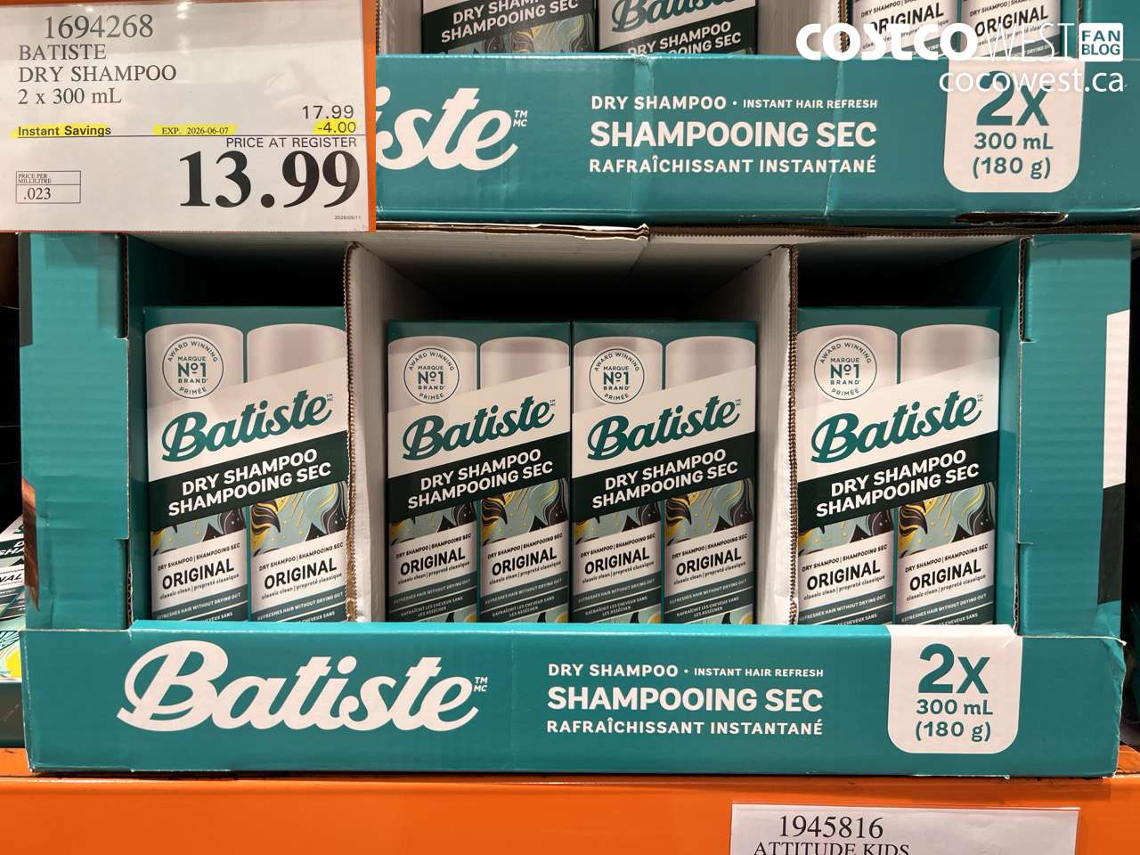 1694268 BATISTE DRY SHAMPOO 2 X 300 ML ($4.00 INSTANT SAVINGS EXPIRES ON 2026-06-07) $13.99