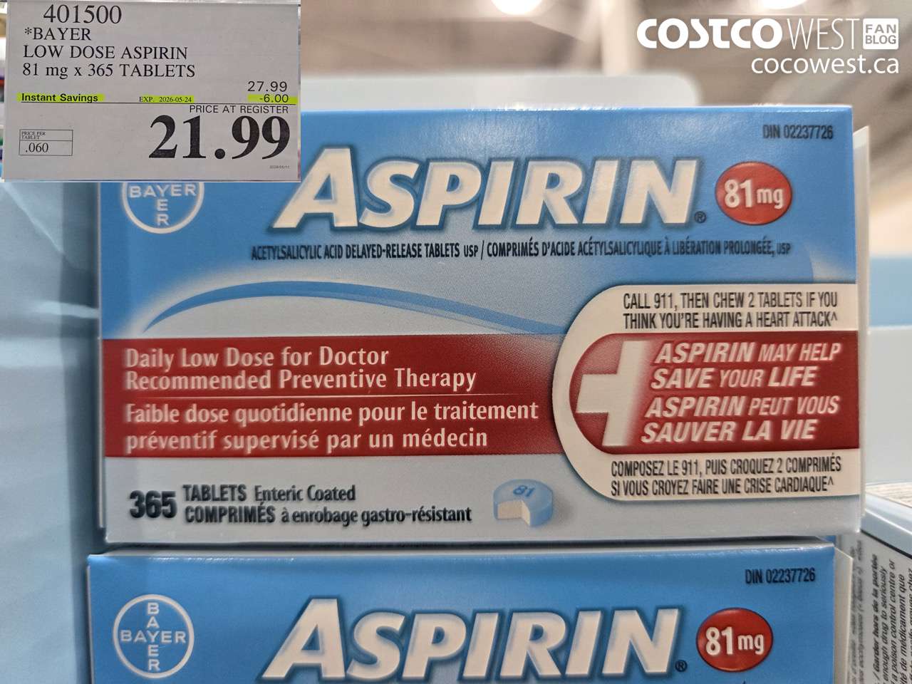 401500 BAYER LOW DOSE ASPIRIN 81 MG X 365 TABLETS ($6.00 INSTANT SAVINGS EXPIRES ON 2026-05-24) $21.99