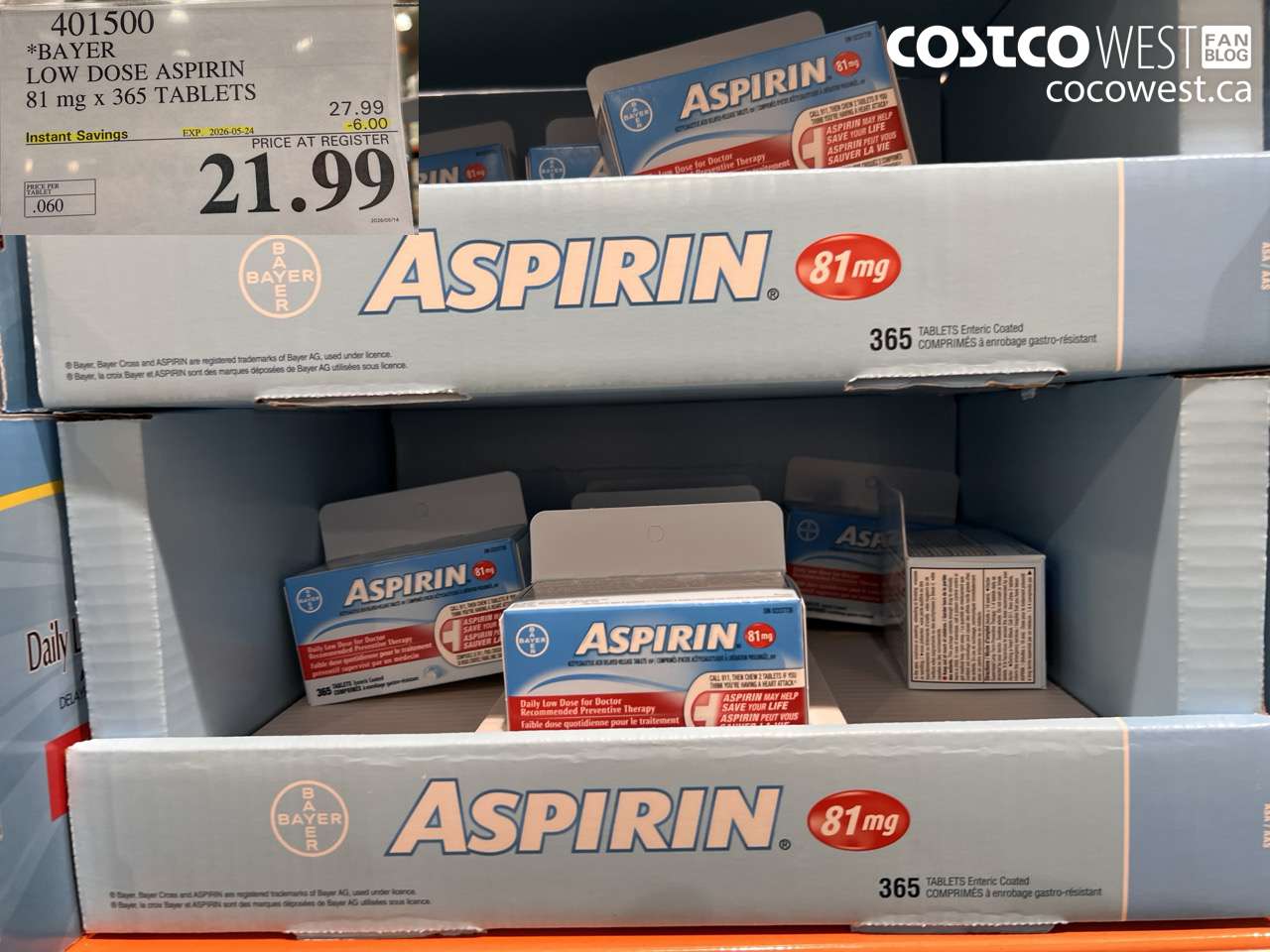 401500 BAYER LOW DOSE ASPIRIN 81 MG X 365 TABLETS ($6.00 INSTANT SAVINGS EXPIRES ON 2026-05-24) $21.99