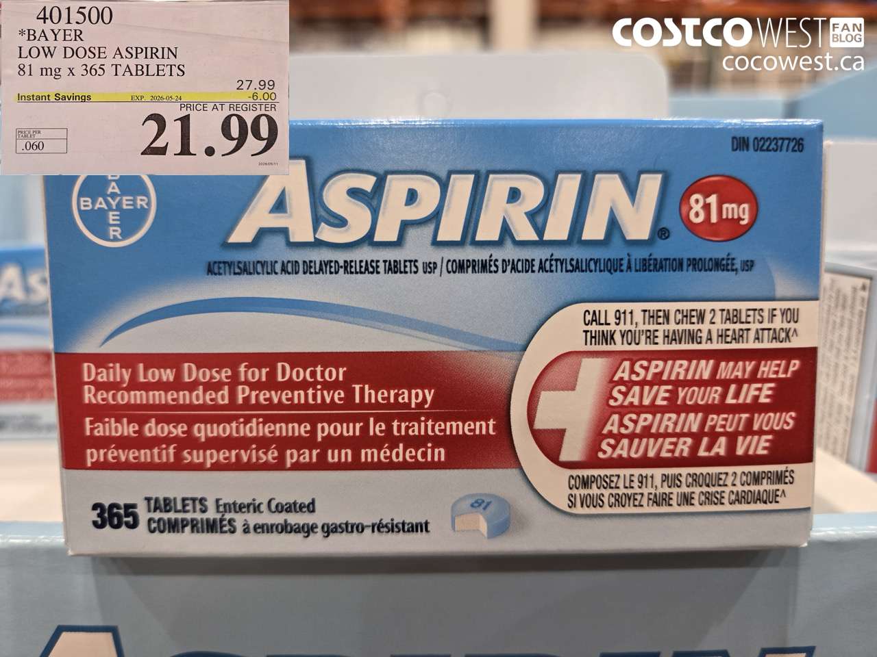 401500 BAYER LOW DOSE ASPIRIN 81 MG X 365 TABLETS ($6.00 INSTANT SAVINGS EXPIRES ON 2026-05-24) $21.99