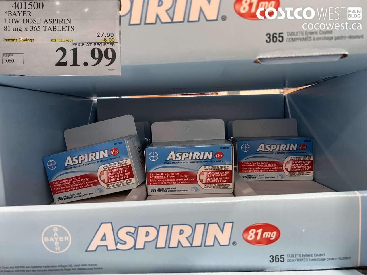 401500 BAYER LOW DOSE ASPIRIN 81 MG X 365 TABLETS ($6.00 INSTANT SAVINGS EXPIRES ON 2026-05-24) $21.99